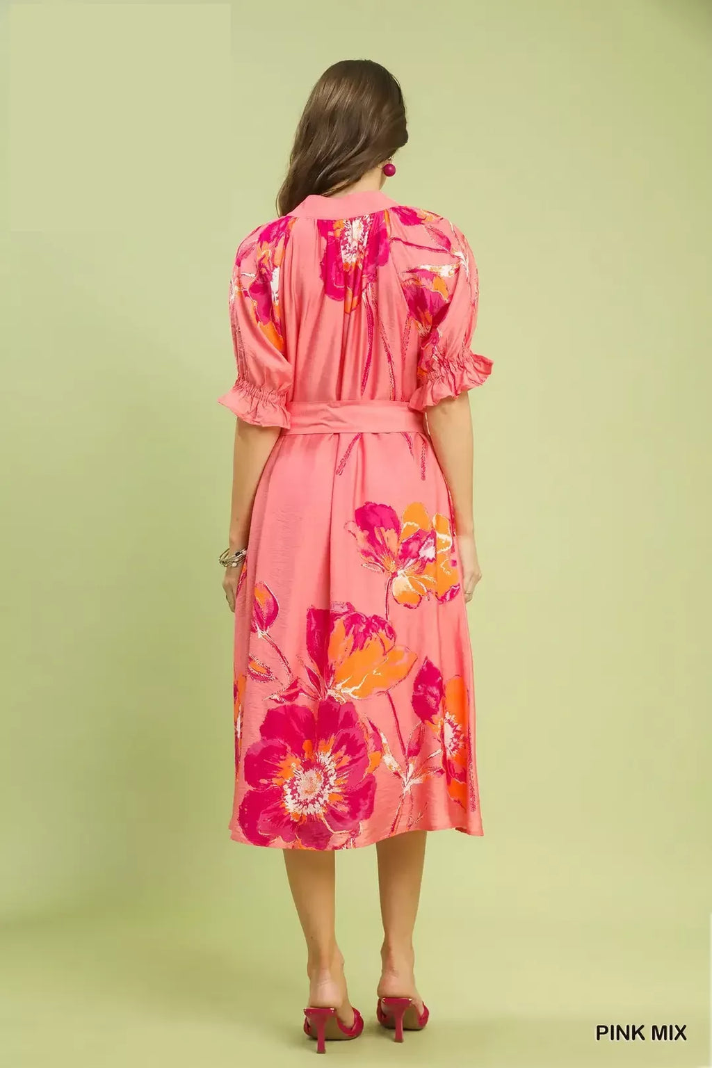 Floral Flounce Sleeve Midi Dress with Belted for Women