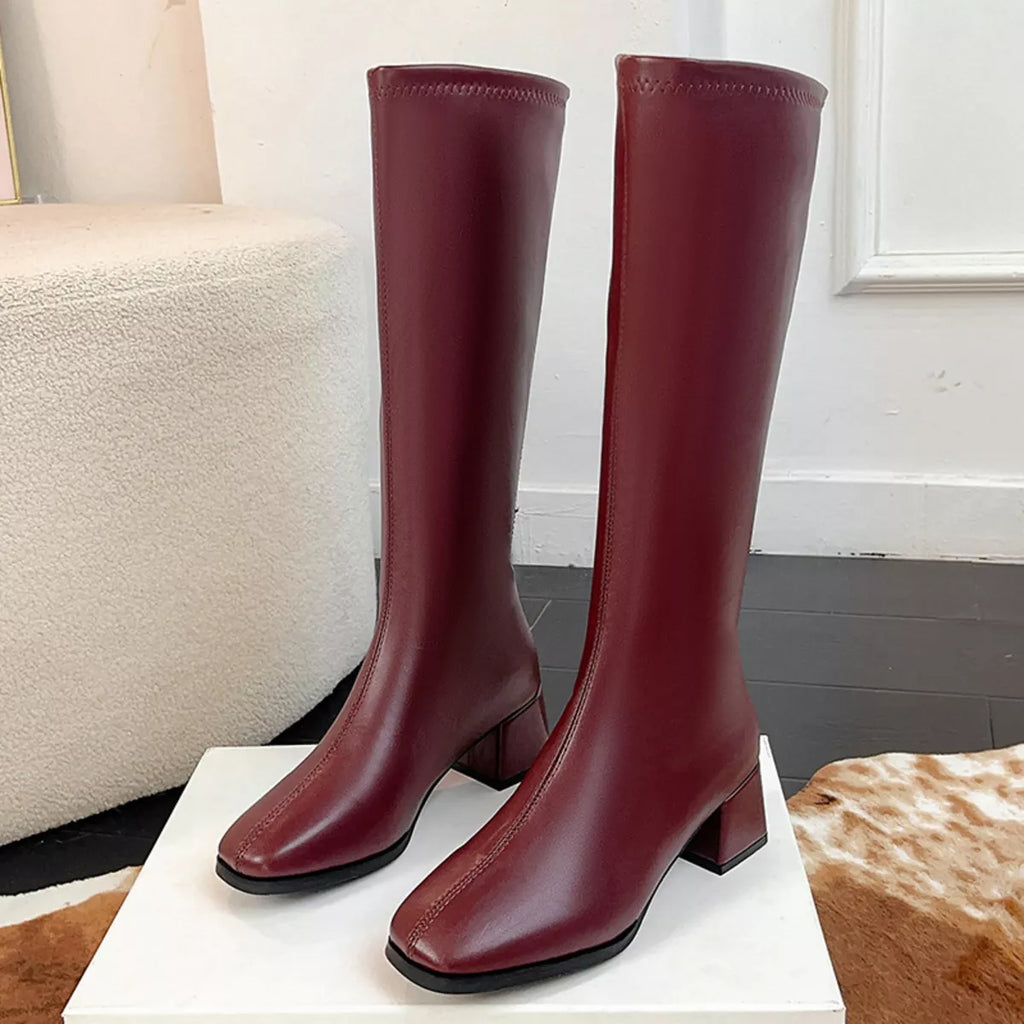 Square Toe Block Heels Boots in Off-White for Women