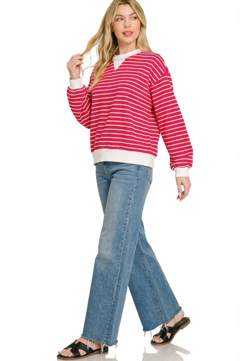 Striped Rib Banded Sweatshirt in Ruby for Women