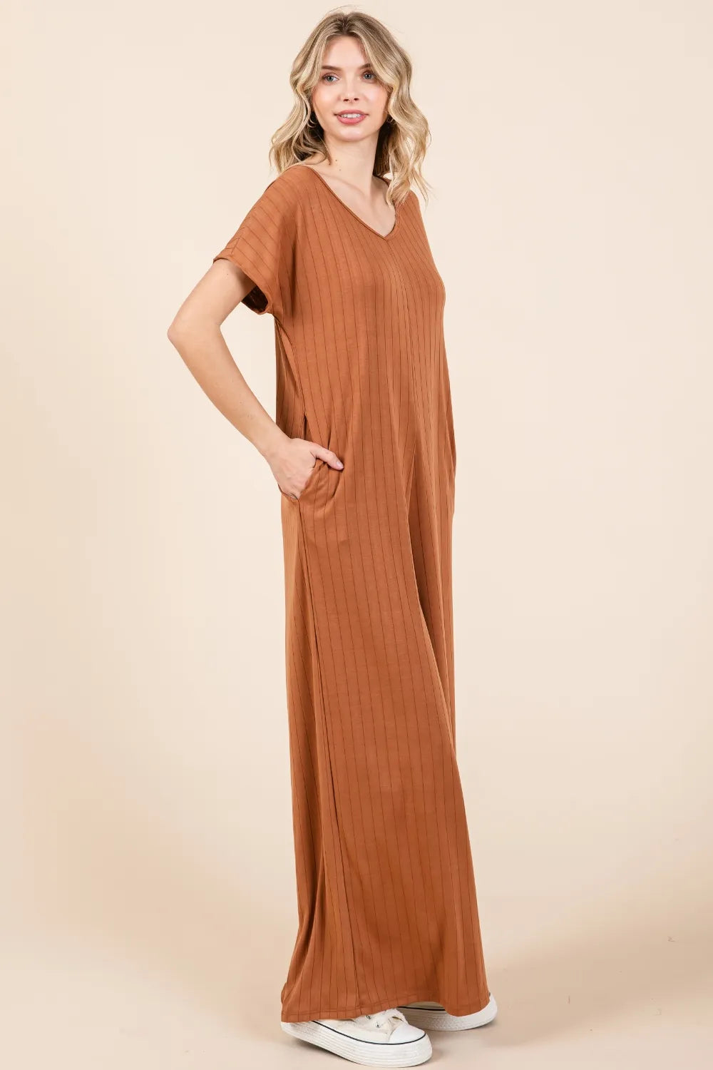 Bombom Ribbed Short Sleeve Wide Leg Jumpsuit in Camel for Women