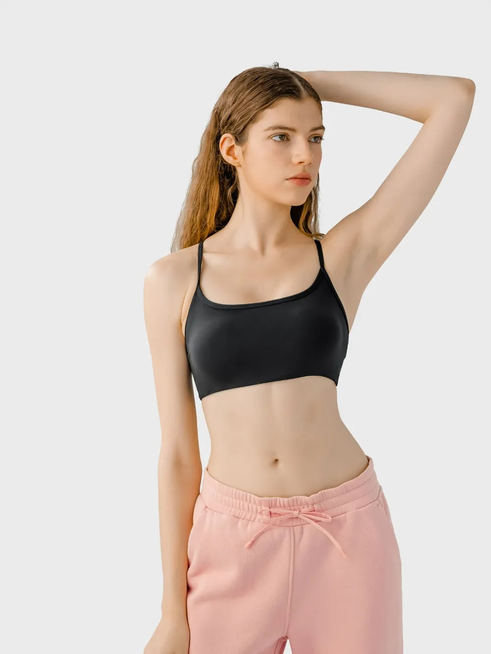 Crisscross Back Scoop Neck Active Cami with Detachable Chest Pads in Light Blue for Women