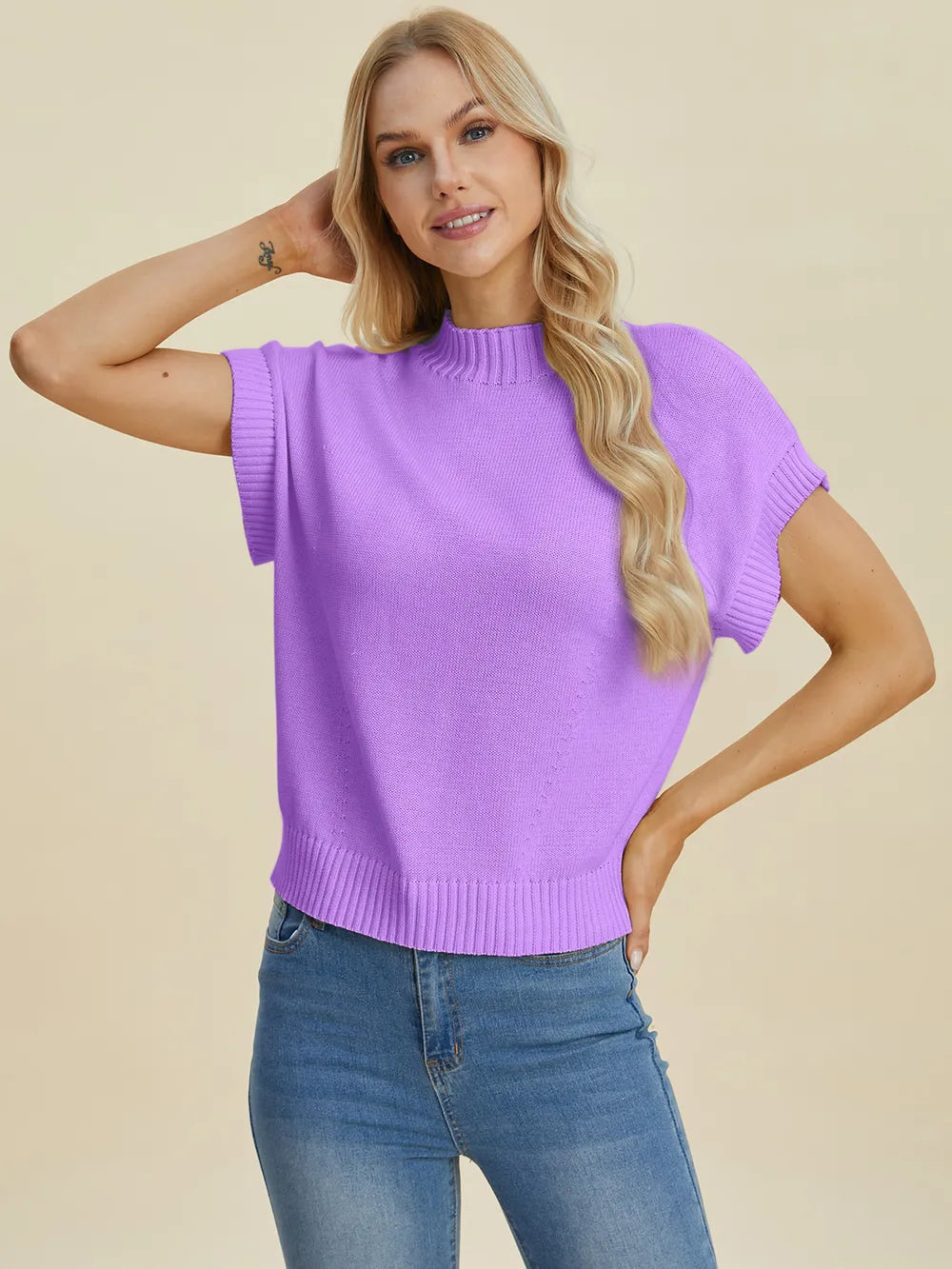 Plus Size Mock Neck Short Sleeve Sweater in Cream for Women