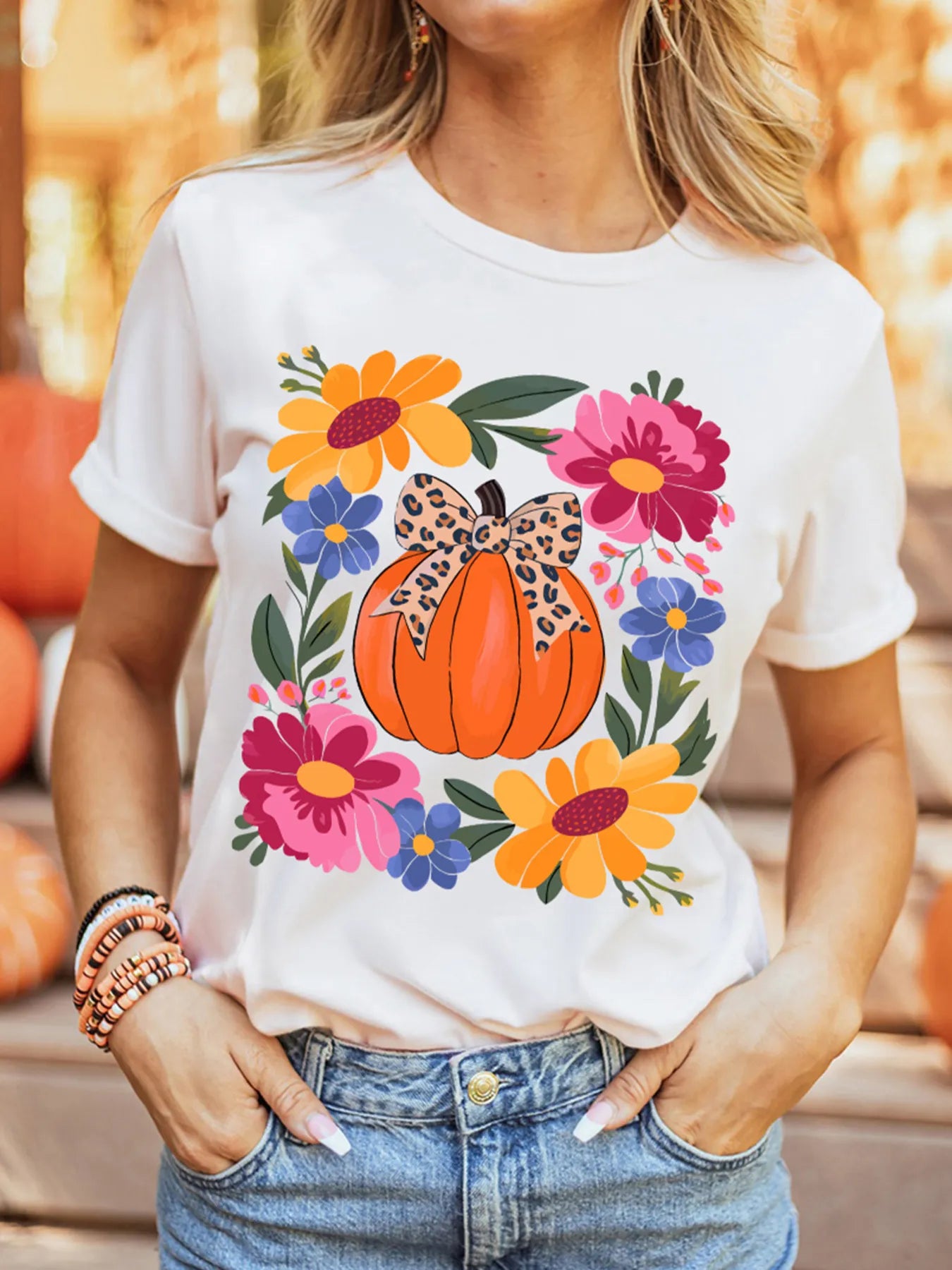 Pumpkin Floral Graphic Round Neck T-Shirt in White for Women