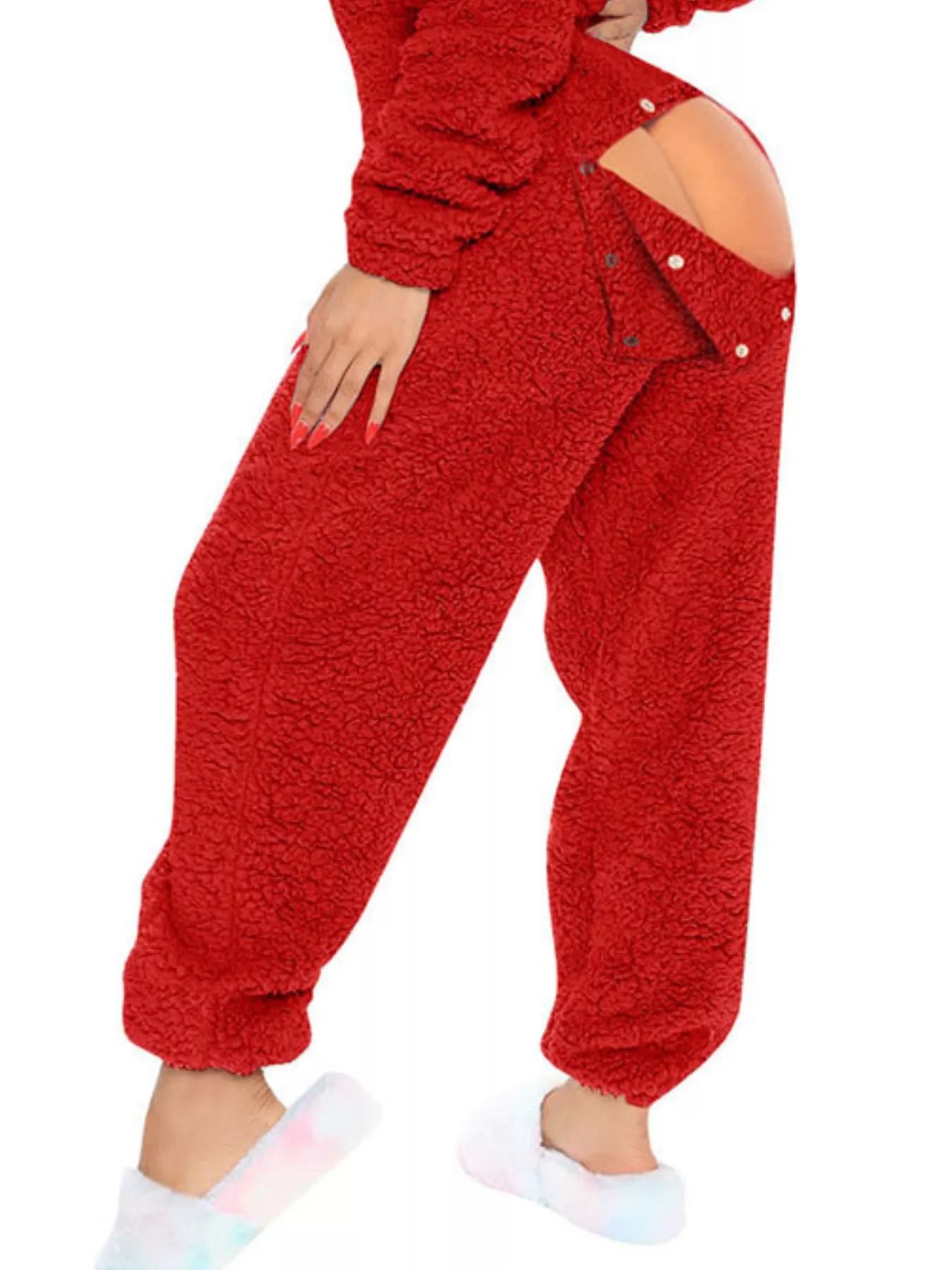 Fleece Hooded Open Back Jumpsuit in Red for Women