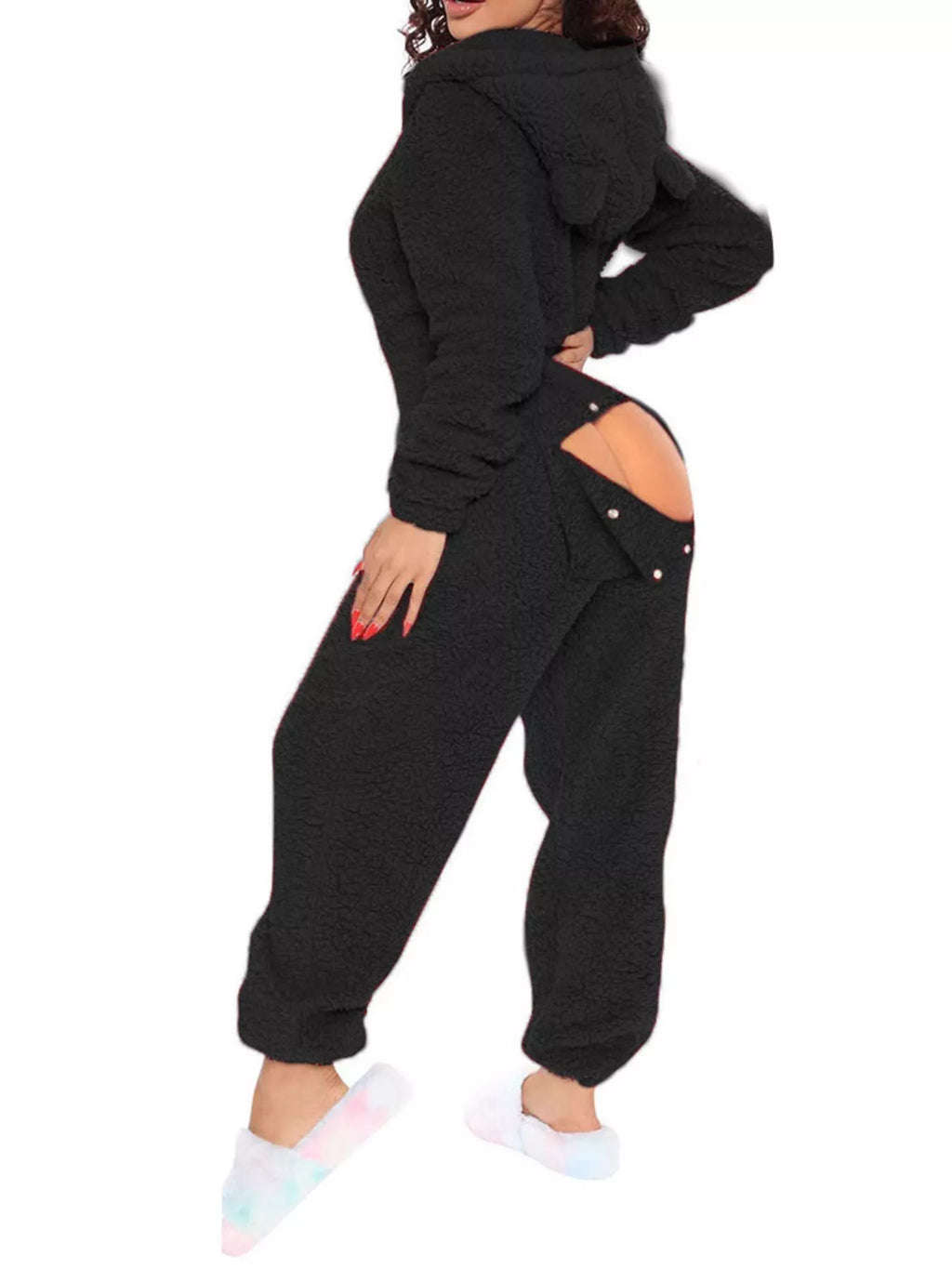 Fleece Hooded Open Back Jumpsuit in Red for Women