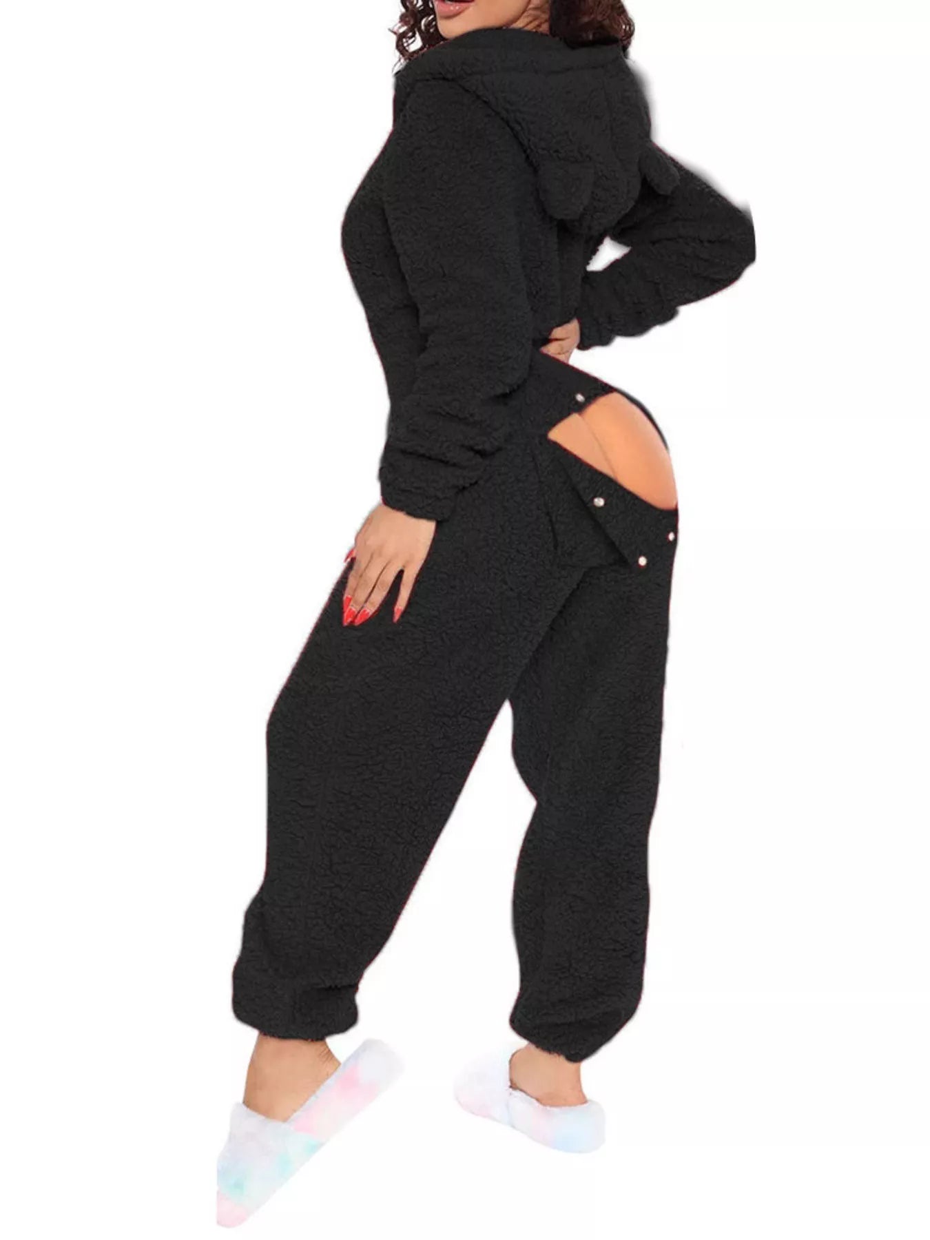 Fleece Hooded Open Back Jumpsuit in Red for Women