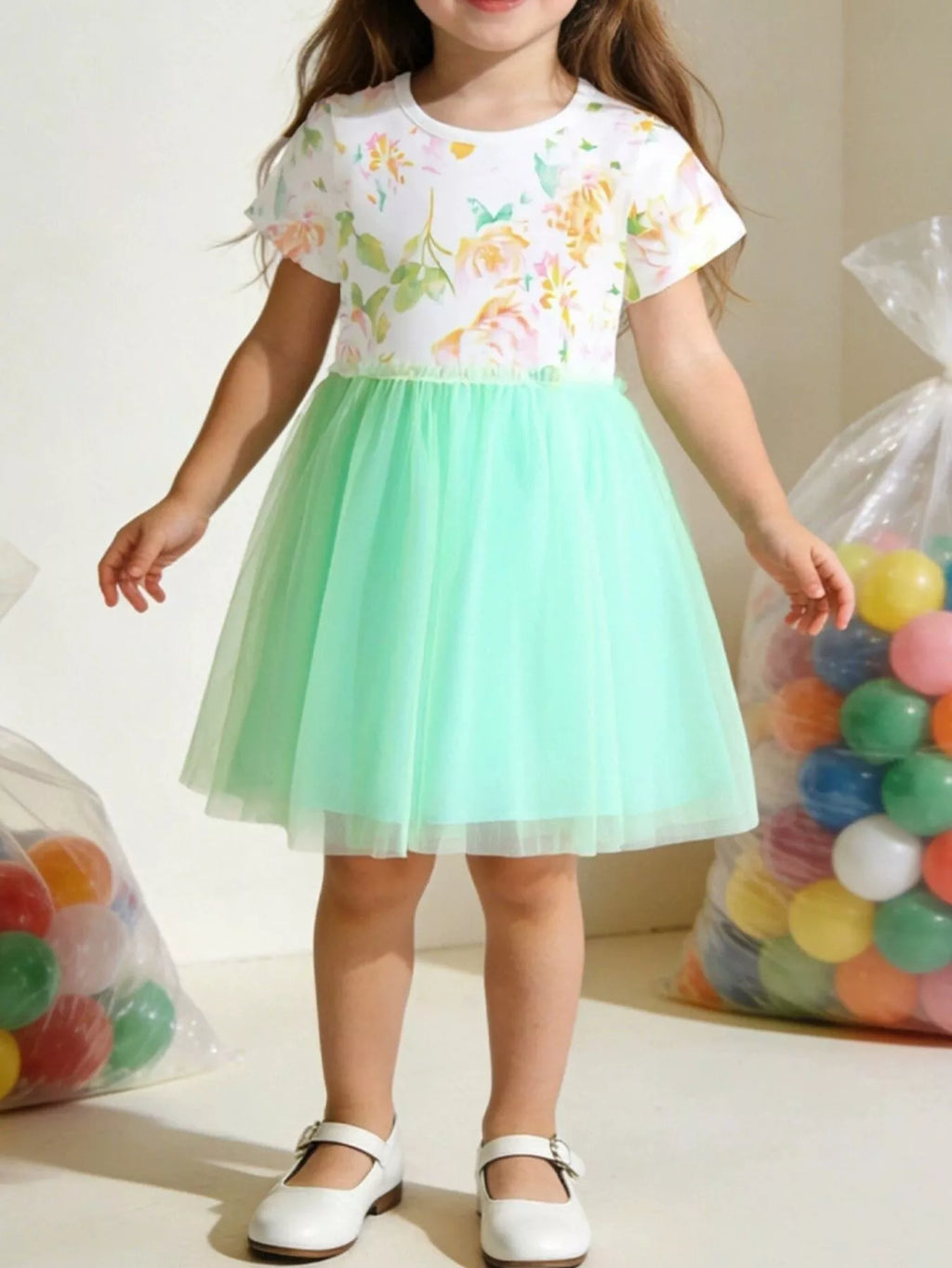 Floral Print Tulle Dress in White for Girls