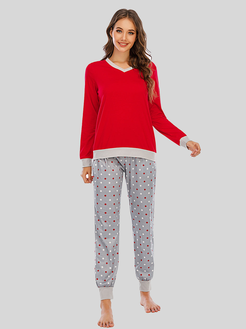 Long Sleeve Top and Polka Dot Pants Set in Pastel Blue for Women