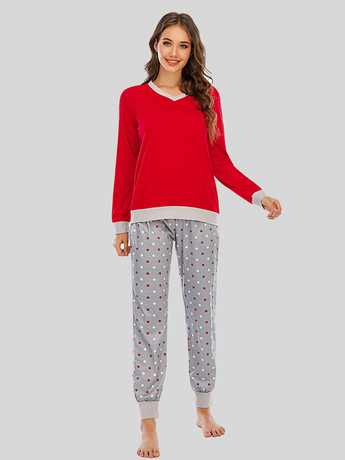 Long Sleeve Top and Polka Dot Pants Set in Pastel Blue for Women