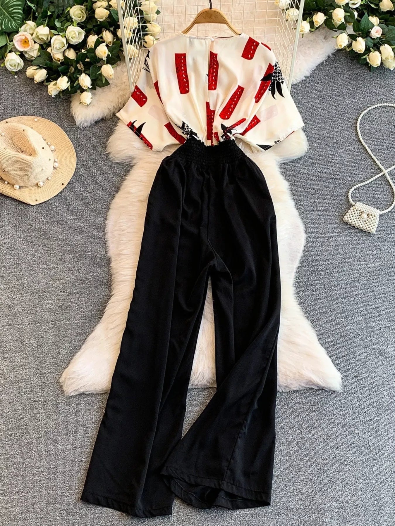 White Printed Wide Leg Jumpsuit in Rose Red for Women