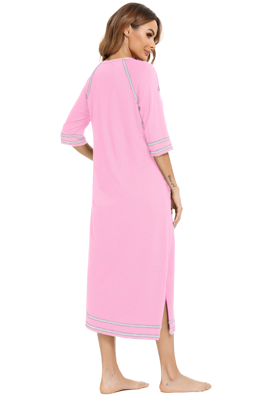 Zip Up Slit Round Neck Night Dress with Pockets in Heather Gray for Women