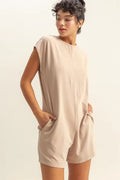 Round Neck Cap Sleeve Relaxed Fit Breezy Romper in Tan for Women