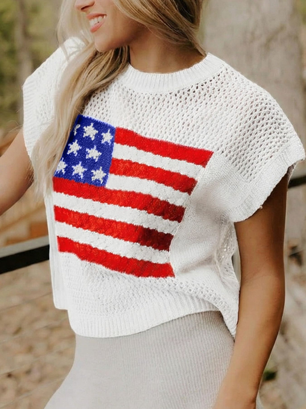 American Flag Knitted Short Sleeve Sweater in White for Women