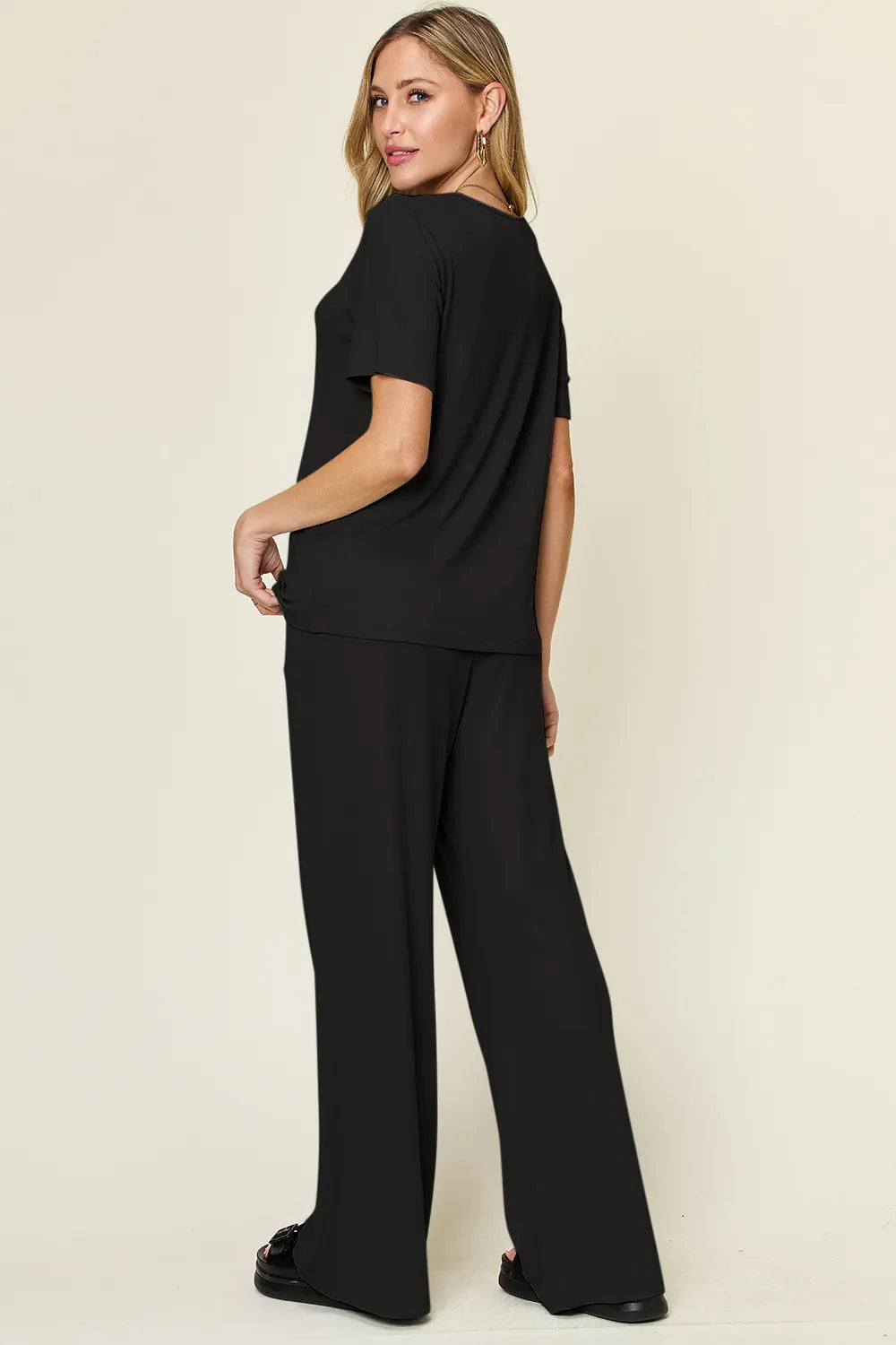 Plus Size Round Neck Short Sleeve T-Shirt and Wide Leg Pants Set in Light Green for Women