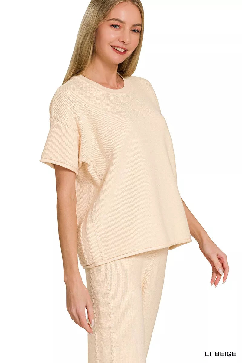 Viscose Round Neck Top & Pants Set in Light Beige for Women
