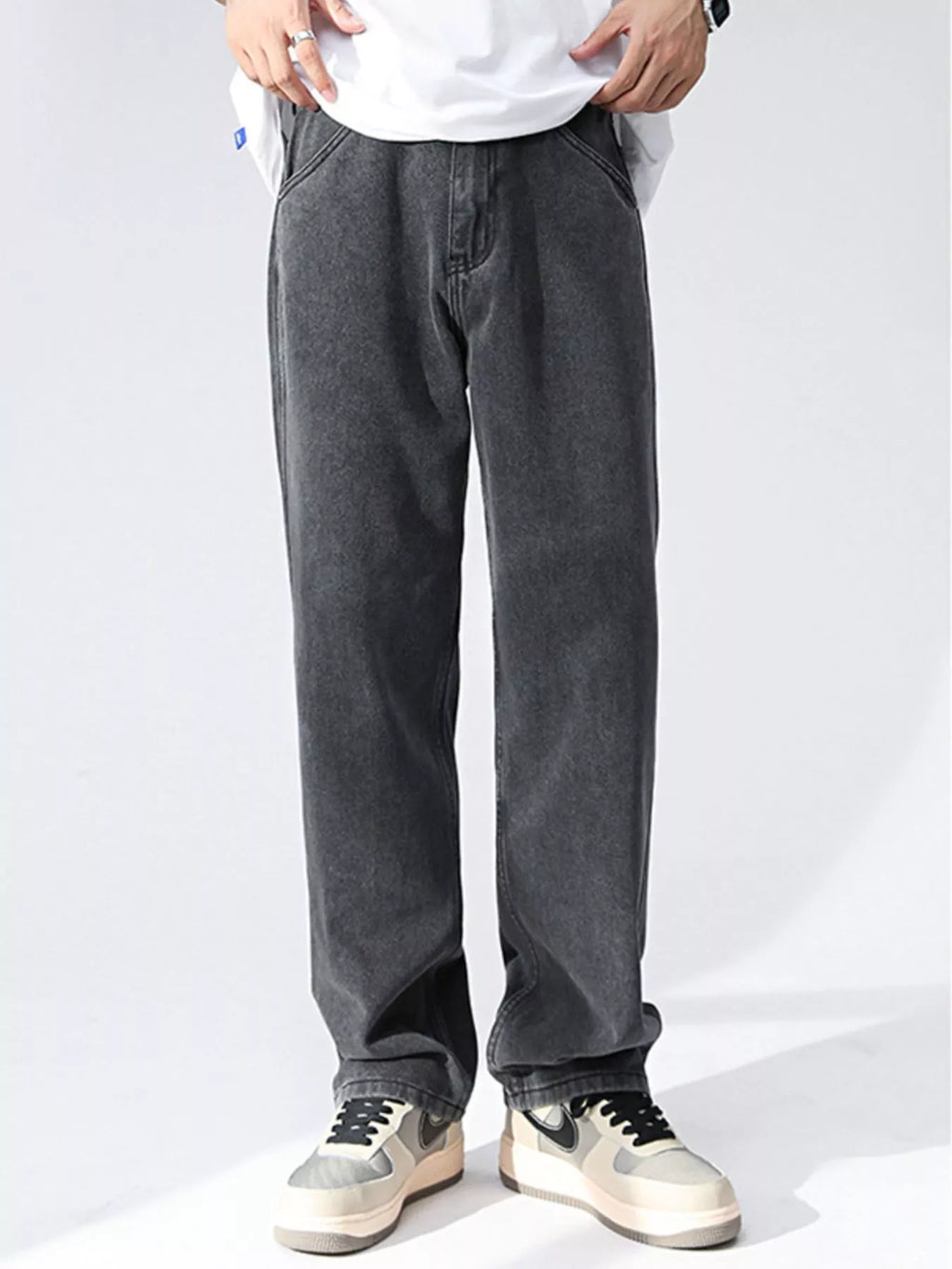 Wash Relaxed Fit Wide Leg Jeans in Black and Gray for Men