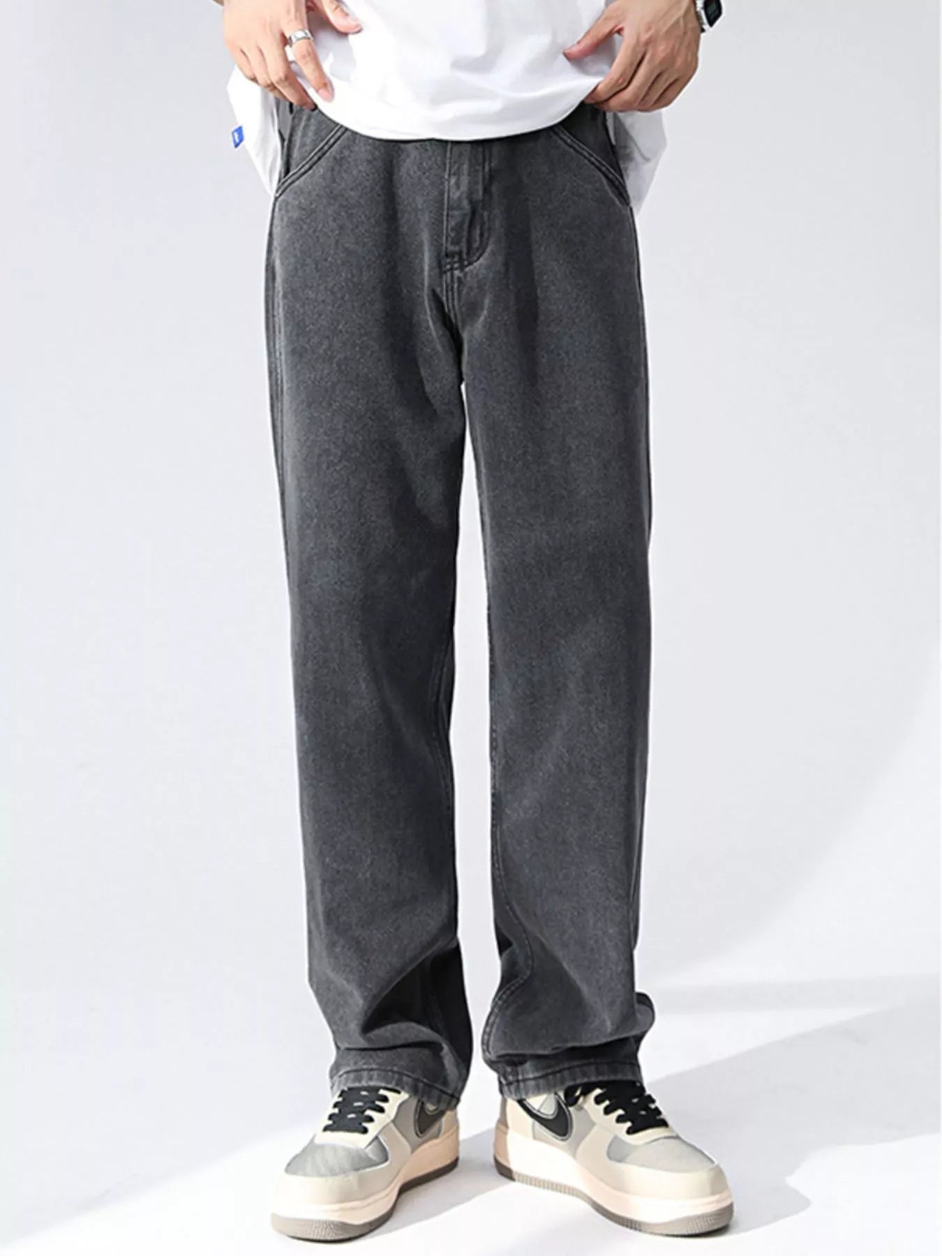 Wash Relaxed Fit Wide Leg Jeans in Black and Gray for Men