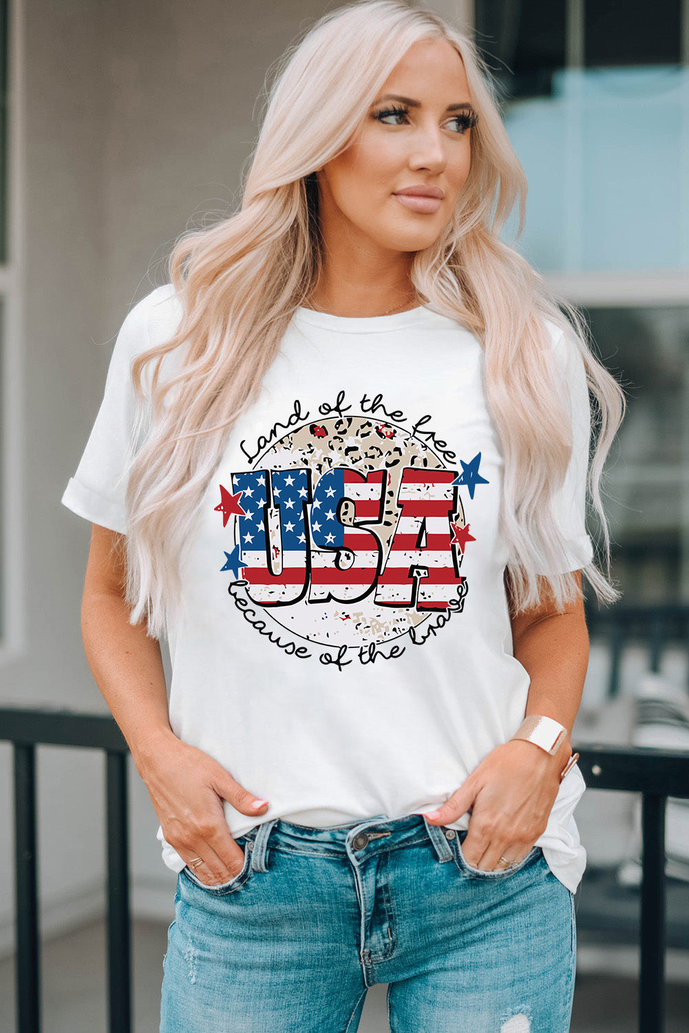 USA Graphic Round Neck Tee in White for Women