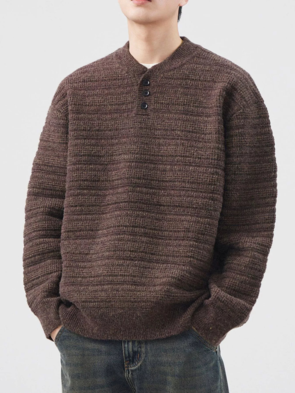 Plus Size Button Detail Long Sleeve Sweater in Dark Gray for Men