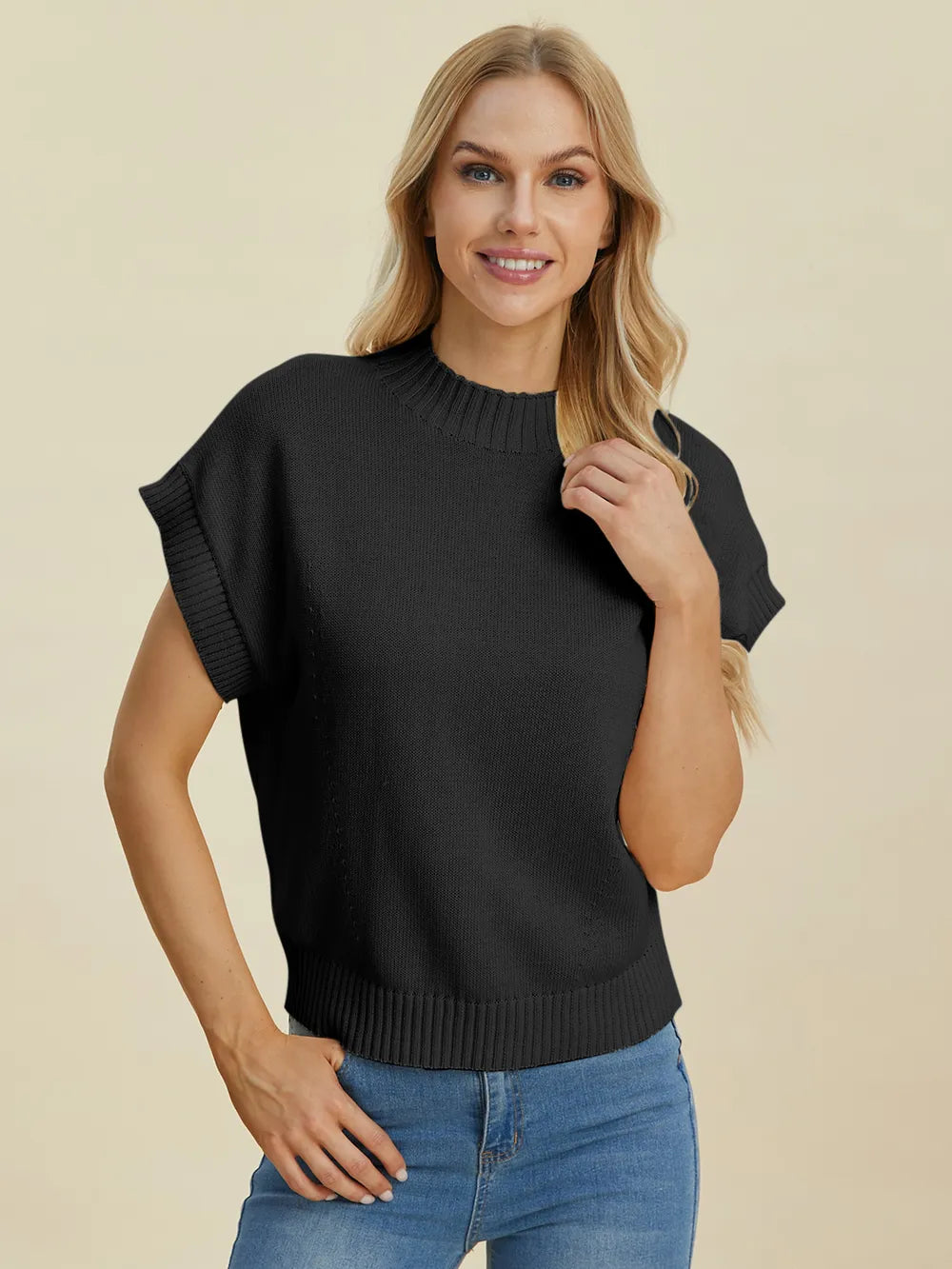 Plus Size Mock Neck Short Sleeve Sweater in Purple for Women