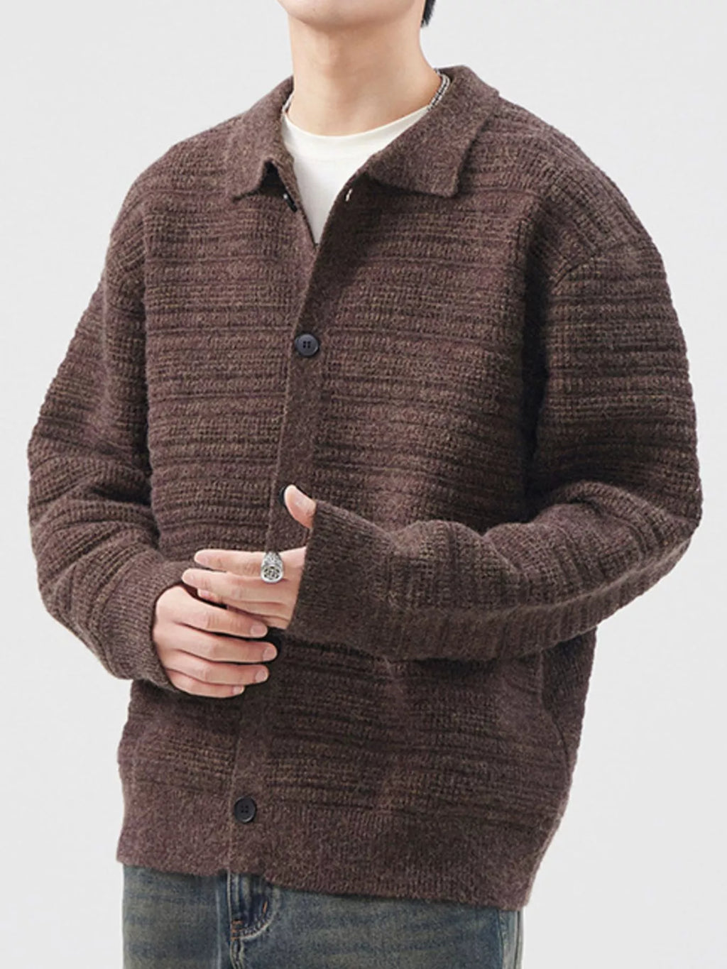 Plus Size Button Up Long Sleeve Cardigan in Gray Green for Men