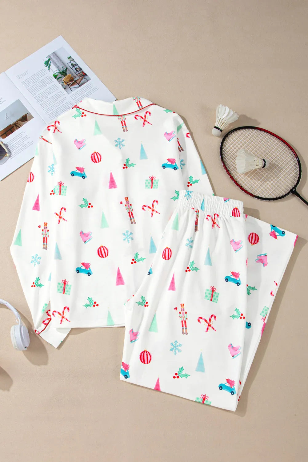 Printed Collared Neck Long Sleeve Top and Pants Lounge Set for Women
