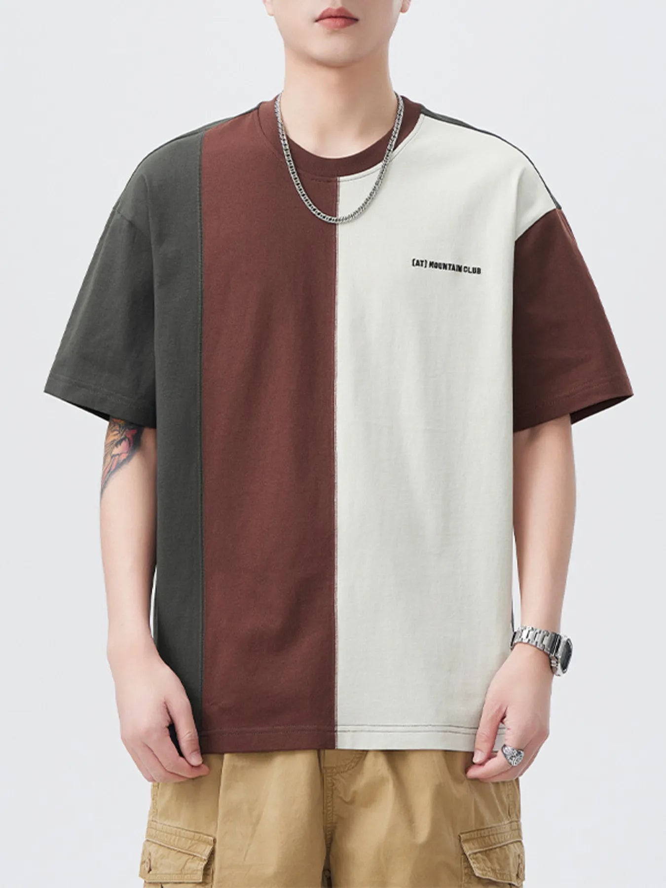 Plus Size Color Block Round Neck Short Sleeve T-Shirt in Apricot with Brown and Gray for Men