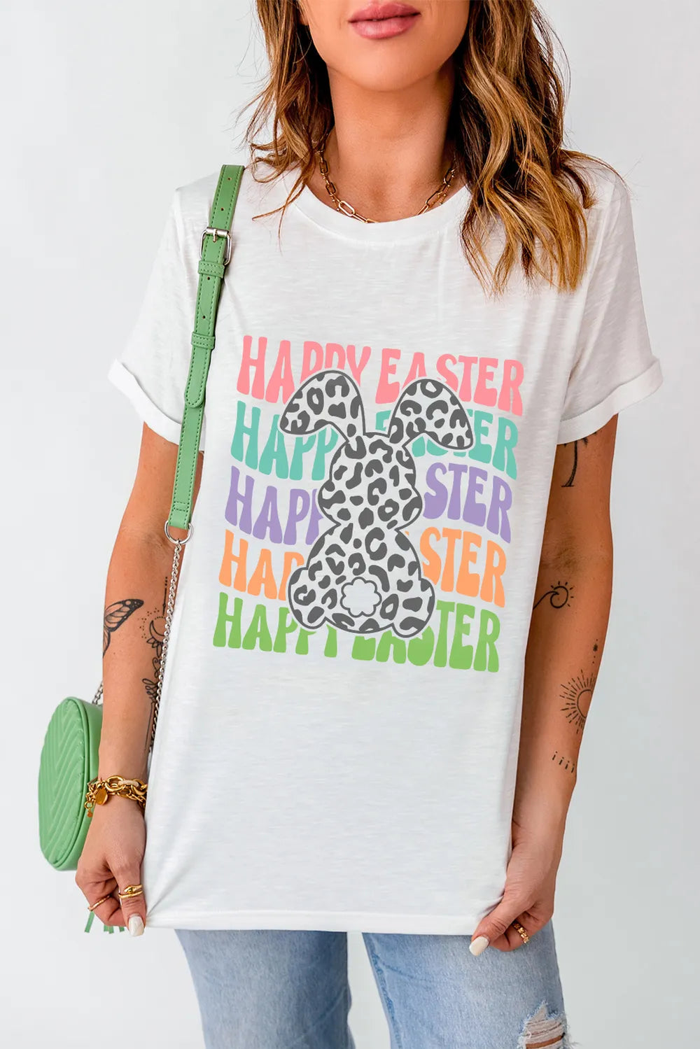 Happy Easter Round Neck Short Sleeve T-Shirt in White for Women