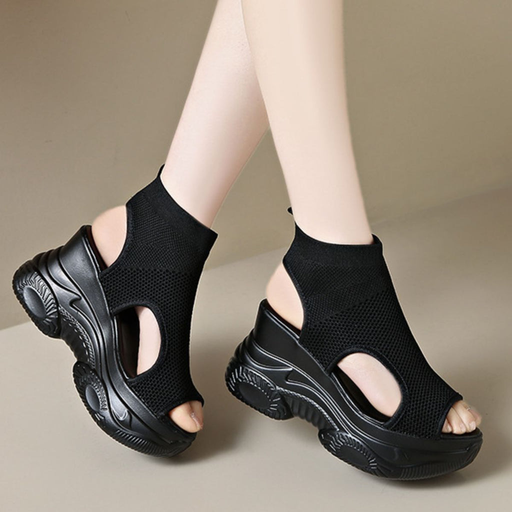 Cutout Mesh Wedge Sandals in Black Lace for Women