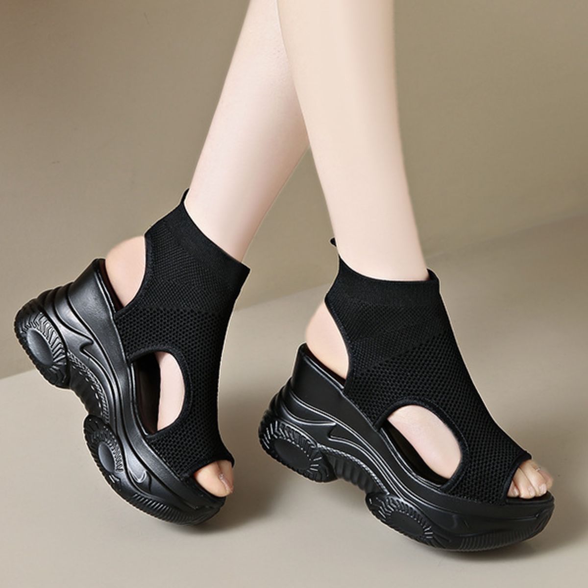 Cutout Mesh Wedge Sandals in Black Lace for Women
