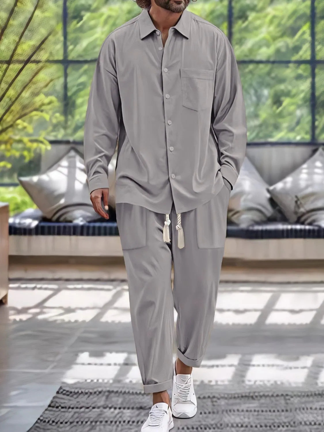 Button Down Long Sleeve Shirt and Pants Set in Light Blue for Men