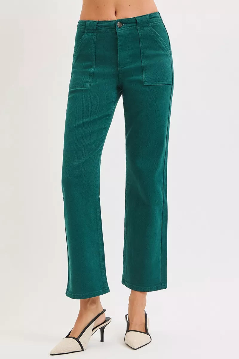 High Rise Ankle Flare Patch Pocket Jeans in Hunter Green for Women