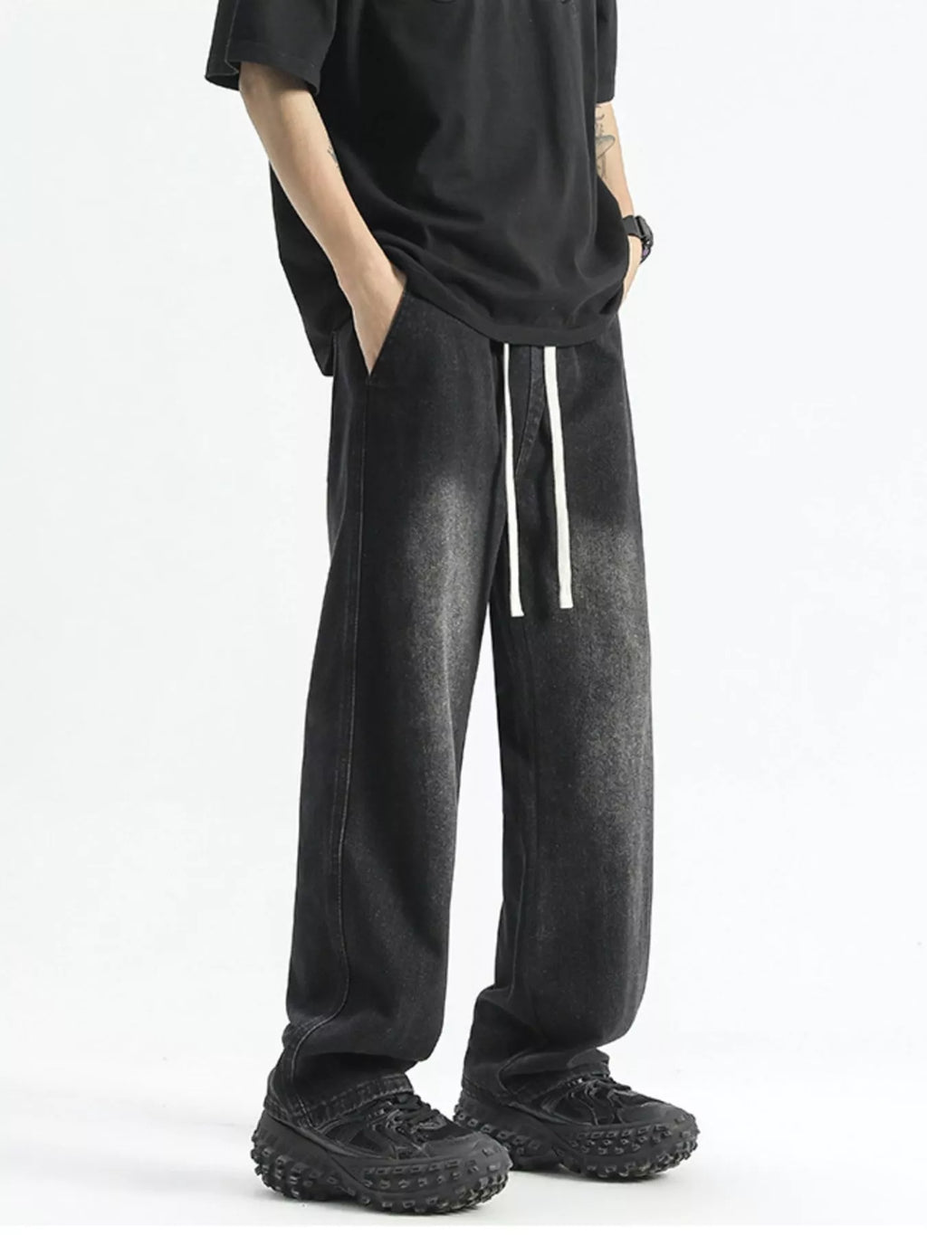 Washed Wide Leg Drawstring Jeans Plus Size in Polished Gray for Men