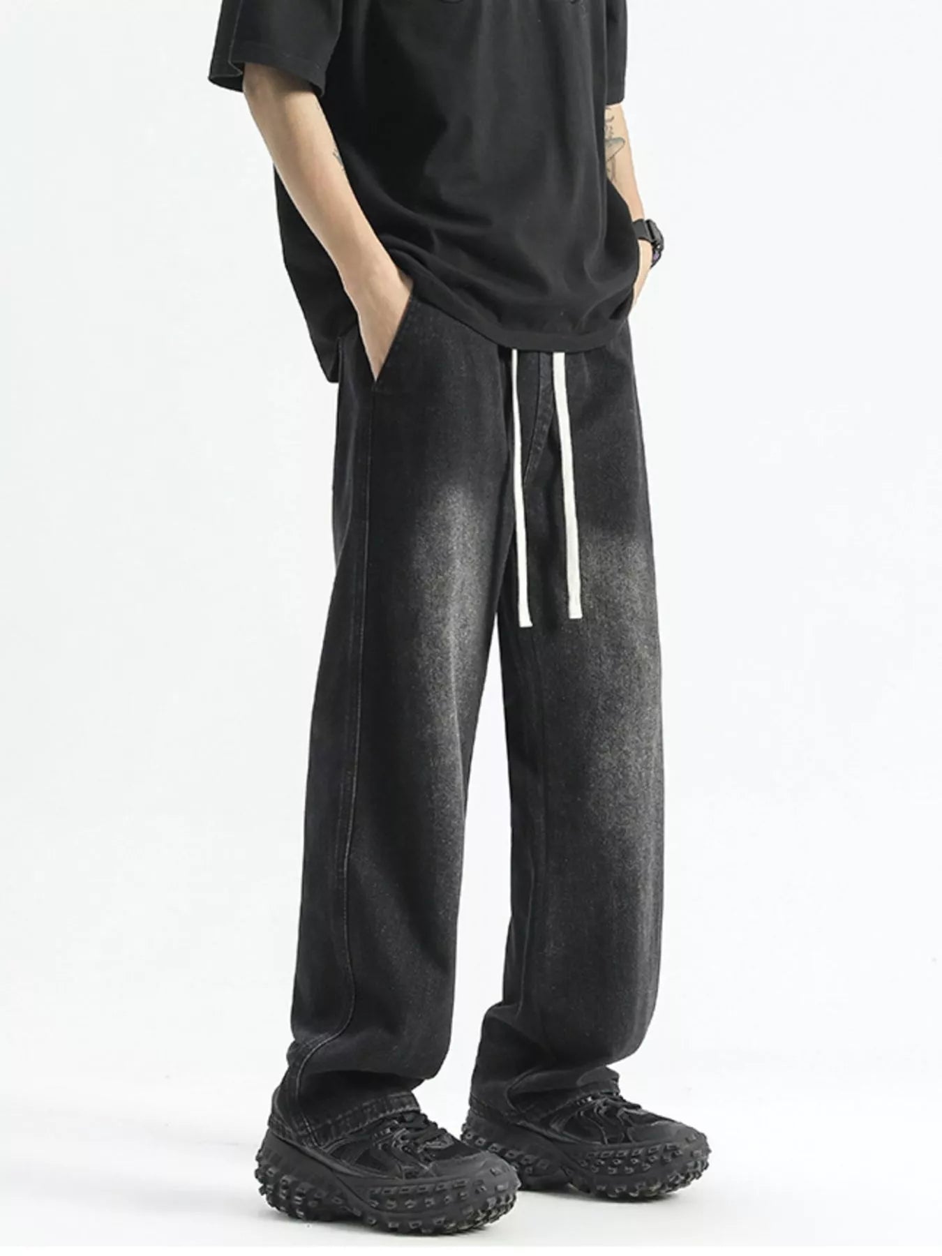 Washed Wide Leg Drawstring Jeans Plus Size in Polished Gray for Men