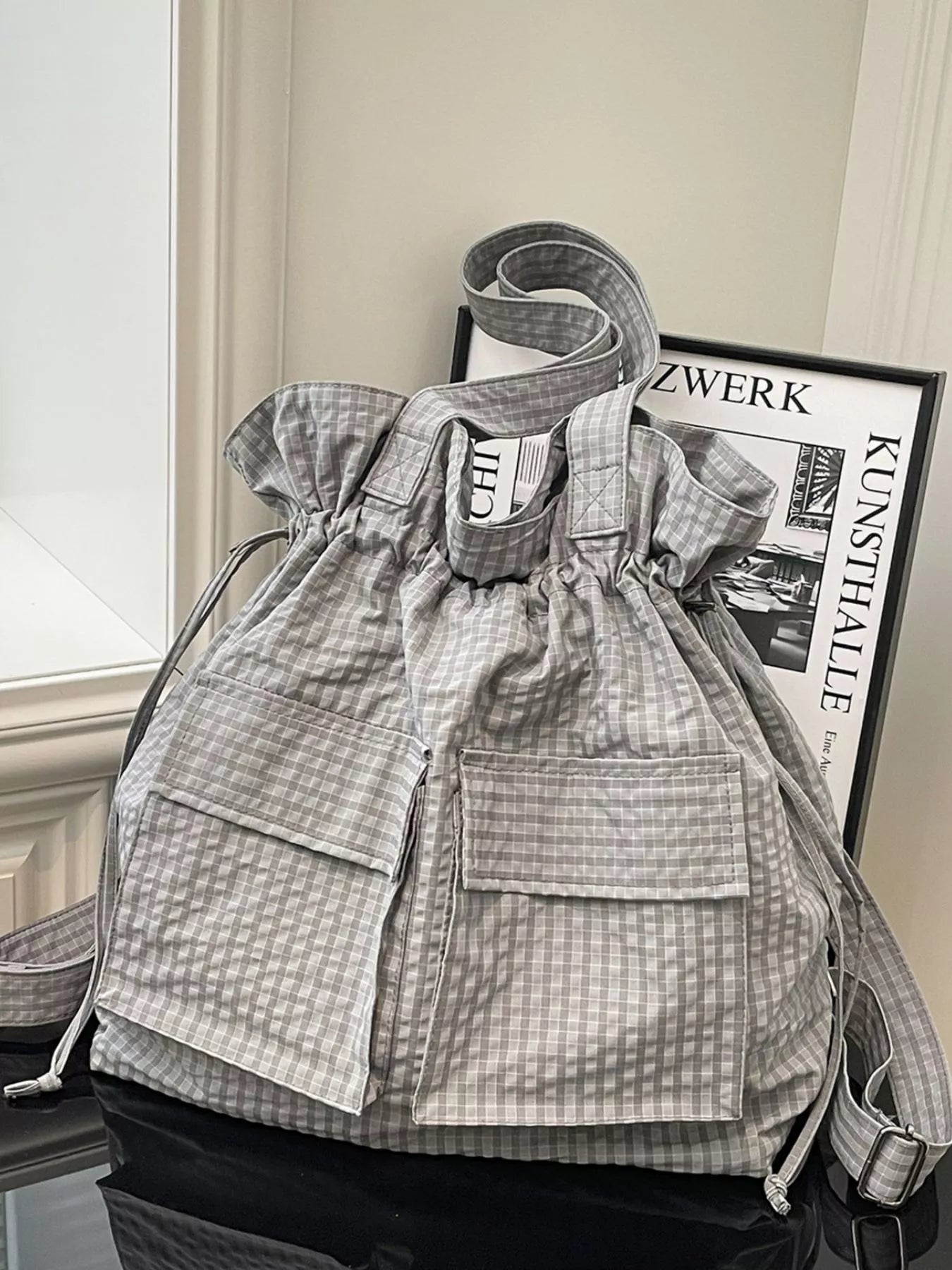Convertible Plaid Drawstring Backpack Bag in Grey for Women