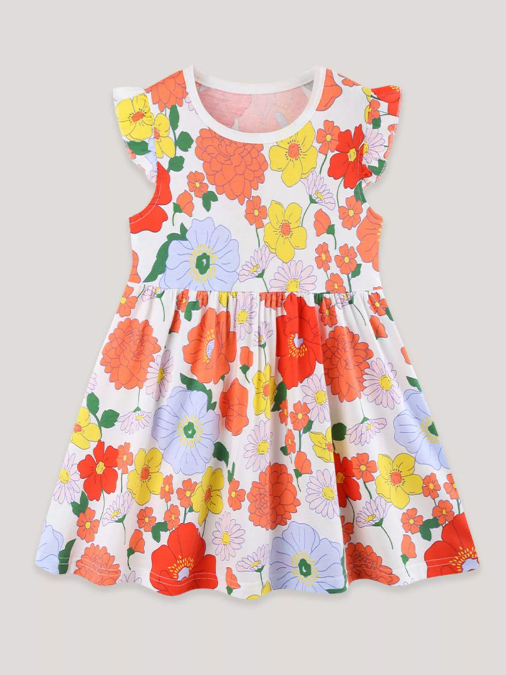 Floral Print Ruffle Sleeve Casual Dress in Multicolor for Girls