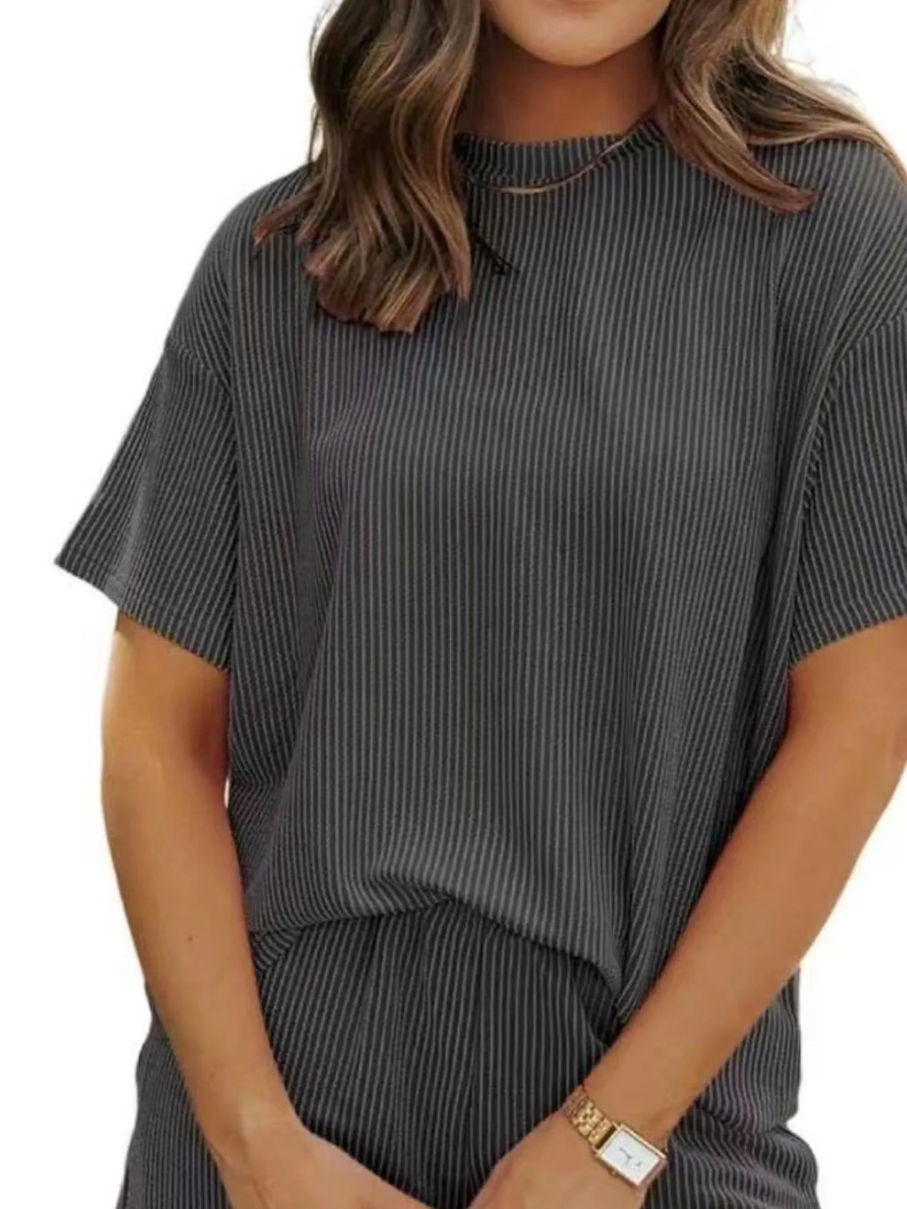 Ribbed Short Sleeve Top and Shorts Two-Piece Set Plus Size in Army Green for Women