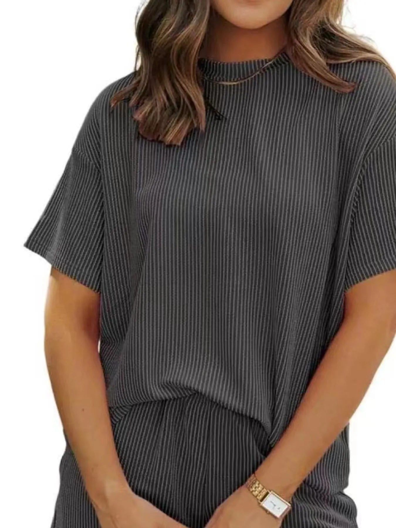 Ribbed Short Sleeve Top and Shorts Two-Piece Set Plus Size in Army Green for Women