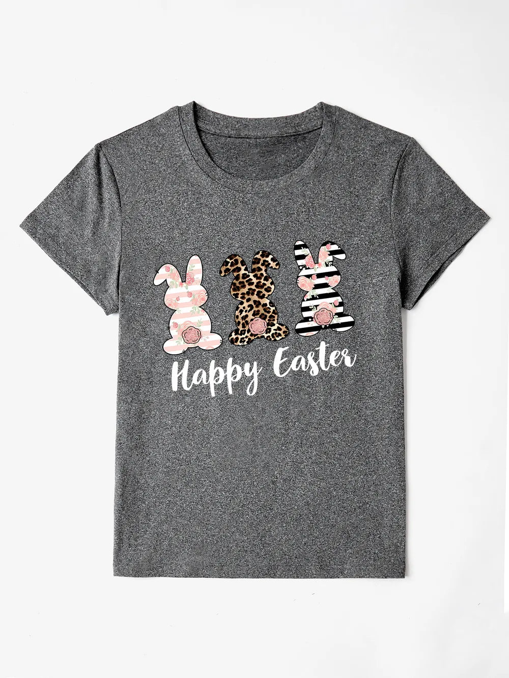 Happy Easter Round Neck Short Sleeve T-Shirt in Blush Pink in Black for Women