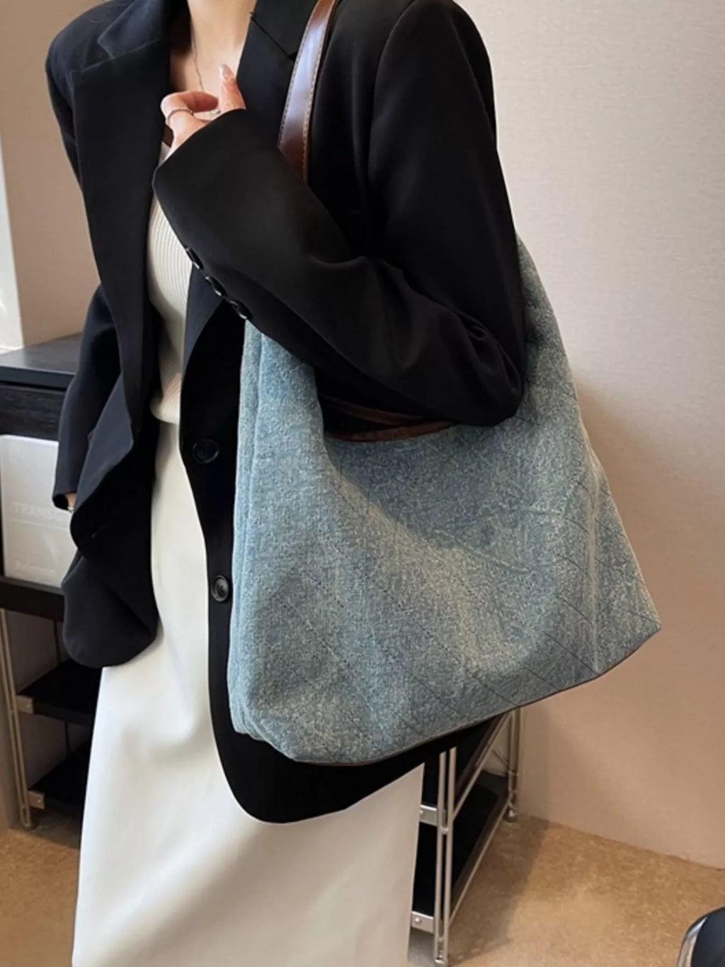 Denim Shoulder Bag with Leather Trim for Women
