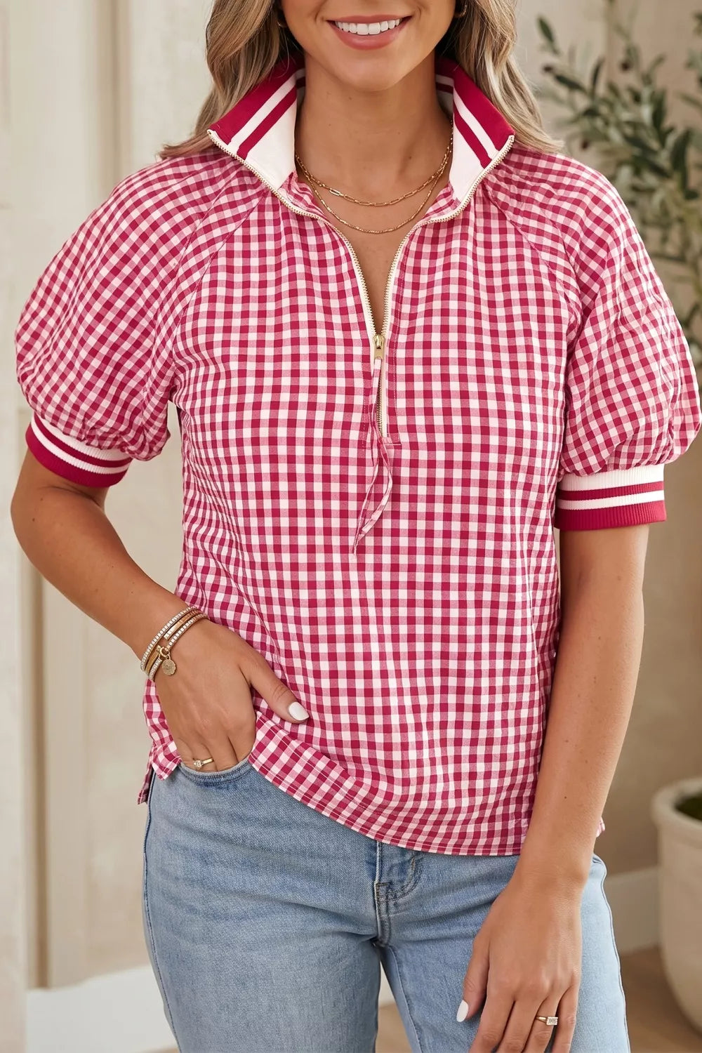 Gingham Puff Sleeve Quarter Zip Blouse in Deep Rose for Women