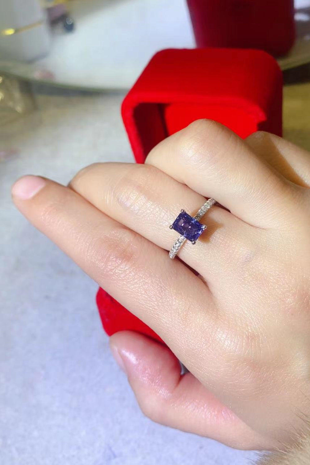 1 Carat Moissanite 925 Sterling Silver Rectangle Ring in Blue for Women