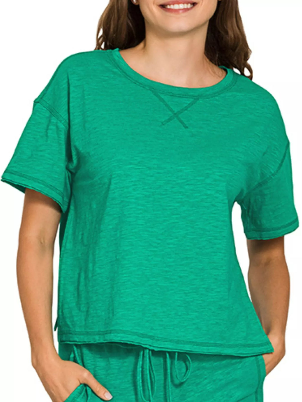 Cotton Slub Short Sleeve Tee and Pants Set in Green for Women