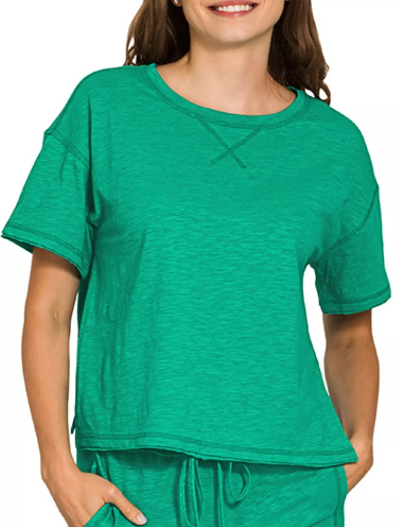 Cotton Slub Short Sleeve Tee and Pants Set in Green for Women