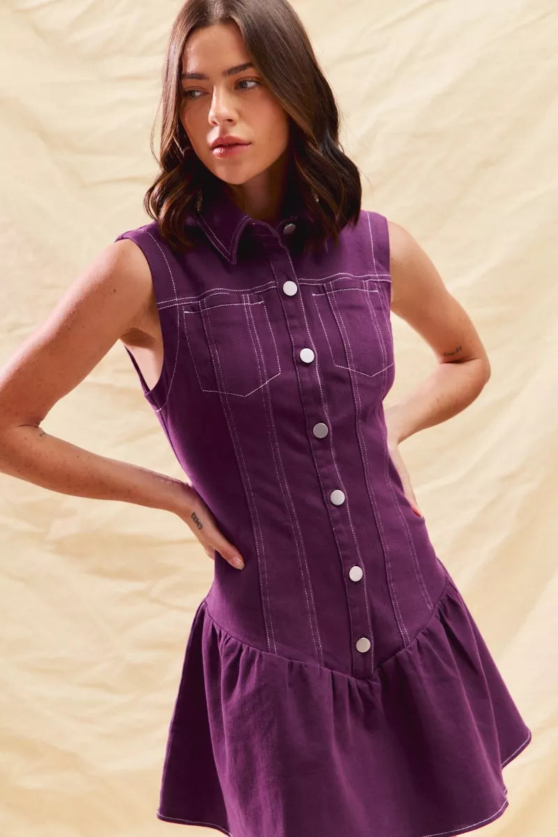 Button Down Sleeveless Collared Game Day Mini Dress in Purple for Women