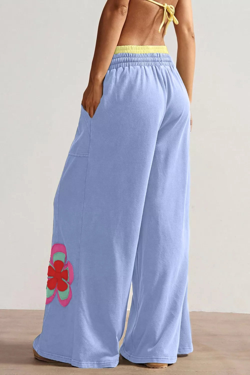Color Block Flower Patchwork Drawstring Contrasted Elastic Waist Wide Leg Pants in Light Blue for Women