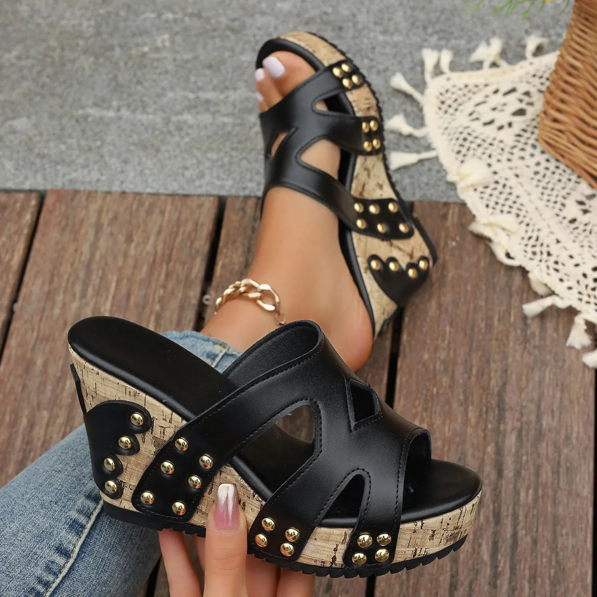 Open Toe Wedge Sandals in Soft in Black for Women