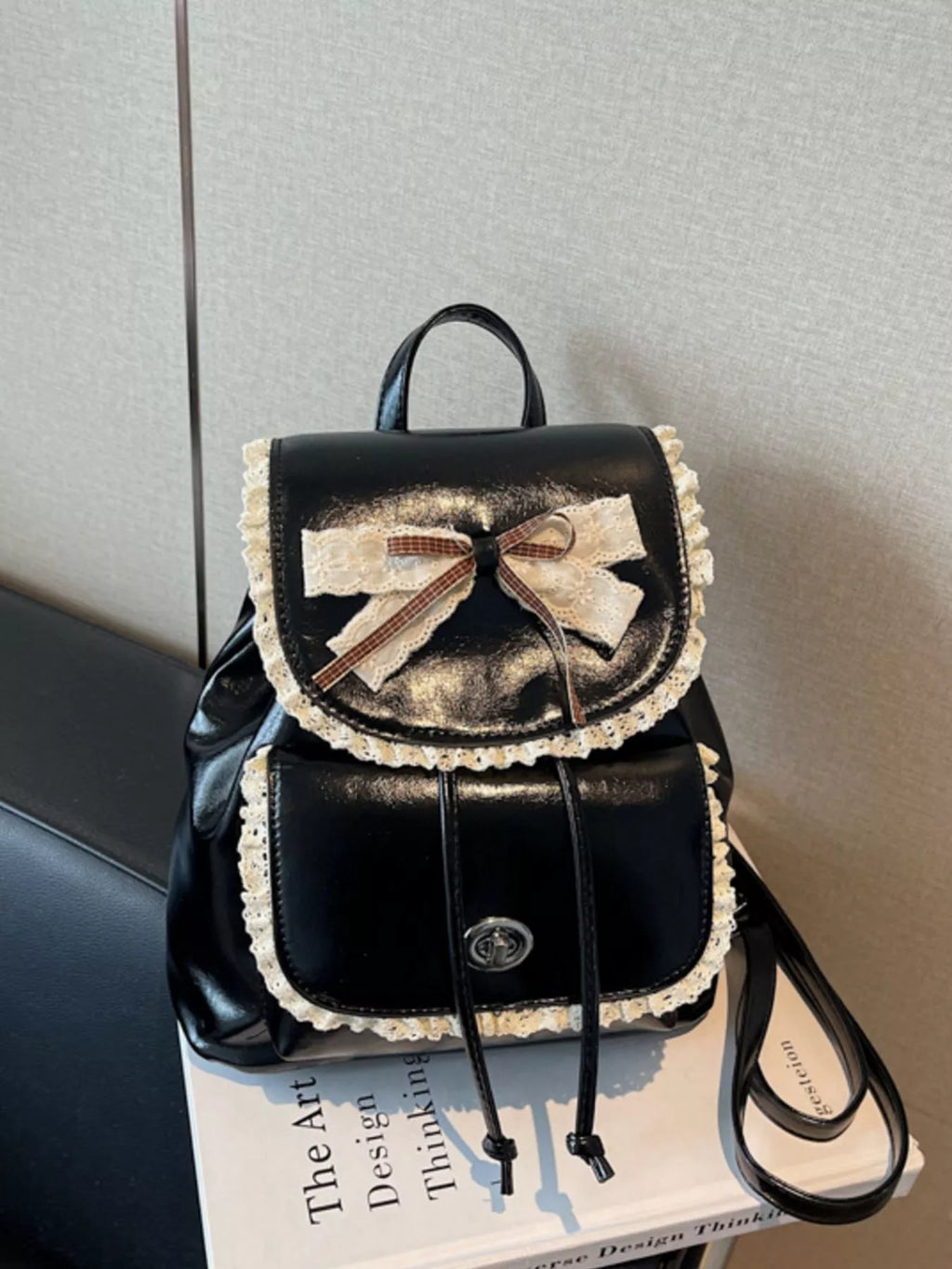 Lace Trim Bow Decor Backpack Bag in Black for Women