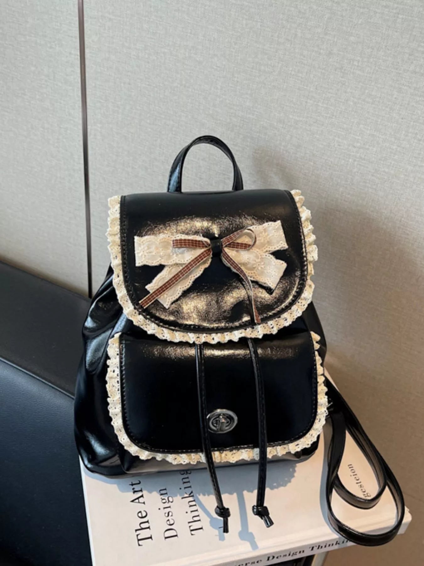 Lace Trim Bow Decor Backpack Bag in Black for Women