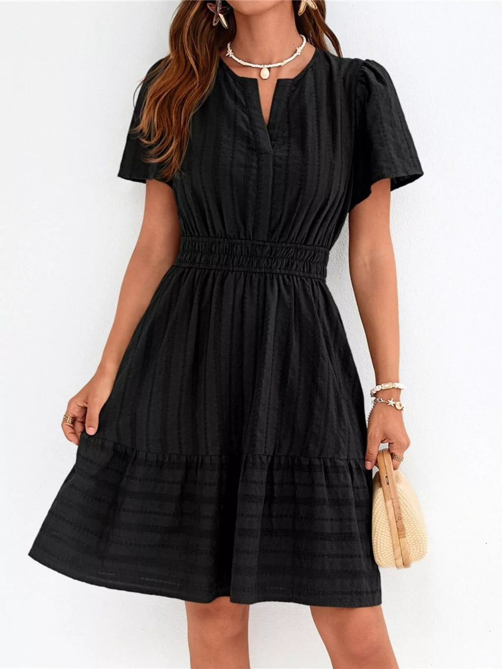 Short Sleeve Smocked Waist Tiered Dress in Black for Women